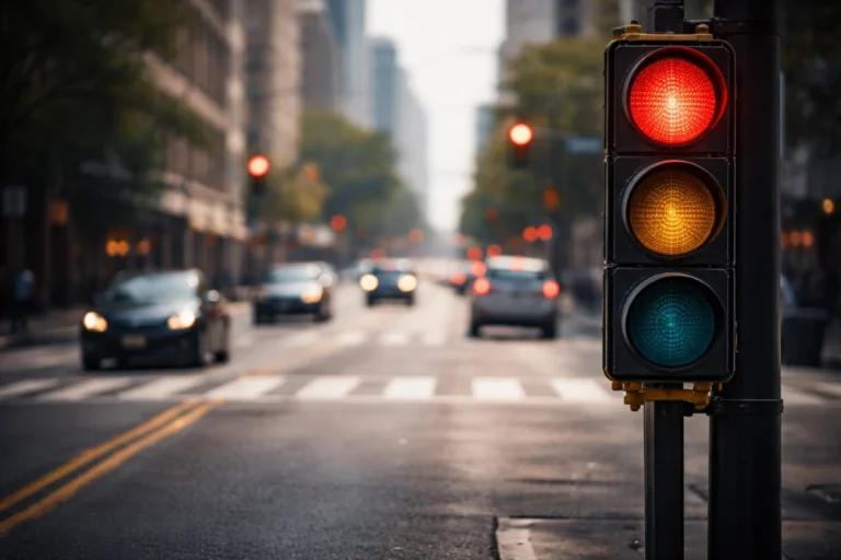 Driver's view of a red traffic light on a city street, cars approaching, urban environment in daylight.