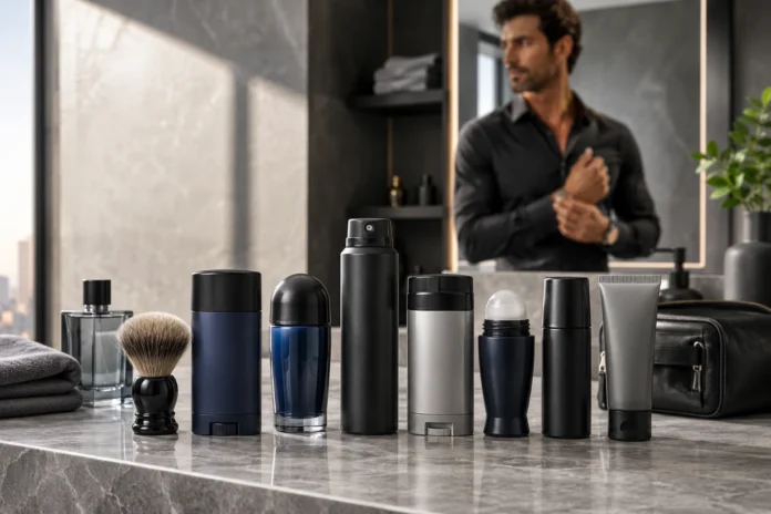 10 Best Men's Antiperspirant Deodorant Picks For 2026 Luxury men's antiperspirant deodorants displayed on a modern bathroom counter with grooming accessories.