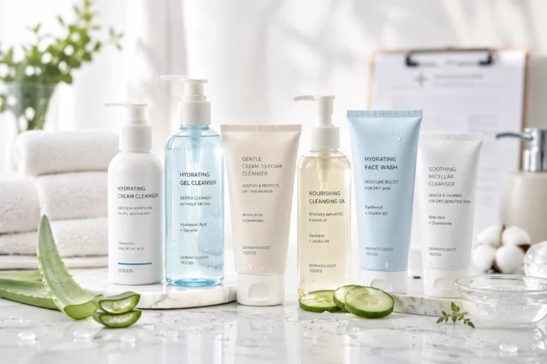 Minimal skincare products arranged on marble countertop with hydrating face washes in spa setting 4K.