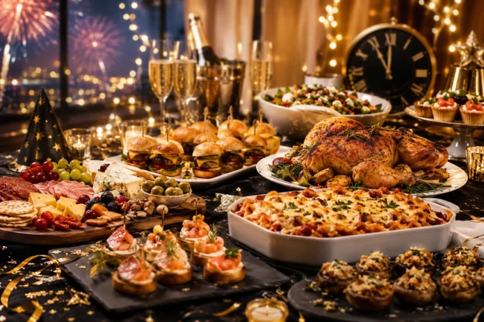 15 Easy New Year's Eve Dinner Suggestions For Your Party Festive New Year's Eve dinner spread with sliders, pasta, roast chicken and sparkling party decor lights.