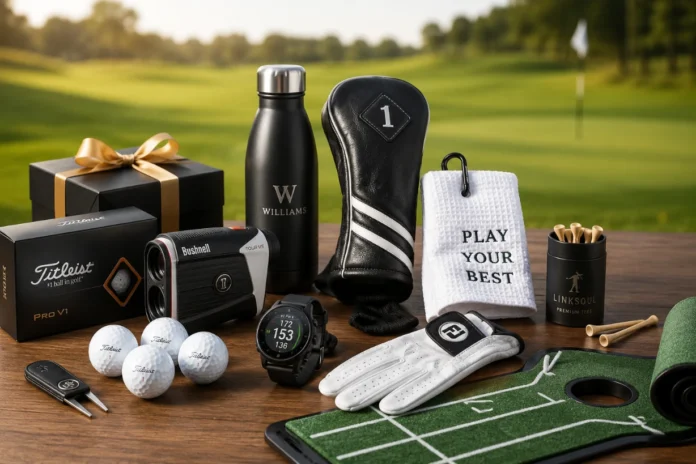21 Creative Golf Gifts for Men That They Will Actually Use Flat lay of premium golf gifts on wooden table with fairway background and soft sunlight glow style.