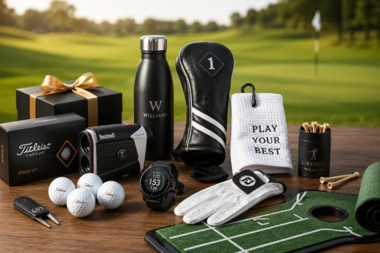 Flat lay of premium golf gifts on wooden table with fairway background and soft sunlight glow style.