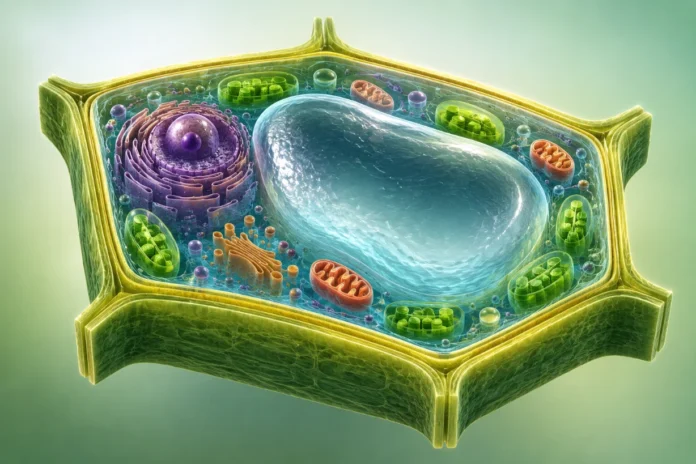 Answer Which Part Of A Plant Cell Helps Maintain Its Shape 3D cutaway plant cell showing highlighted cell wall, organelles, and large central vacuole structure.