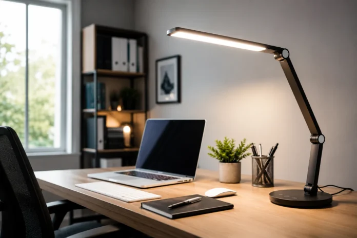 Best Lamp Desk Led Options For Your Work Office Modern home office desk with LED lamp, laptop, plant, and clean minimal workspace design. image shot.