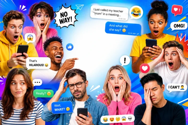 Collage of funny meme reactions with shocked, laughing, and confused faces viewing text messages.