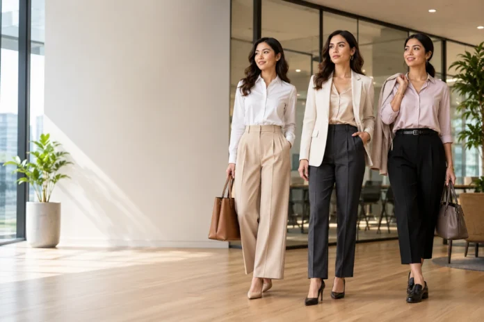 Best Trousers for Women Work Outfits to Try This Season Three professional women wearing stylish office trousers in a bright modern workplace setting.