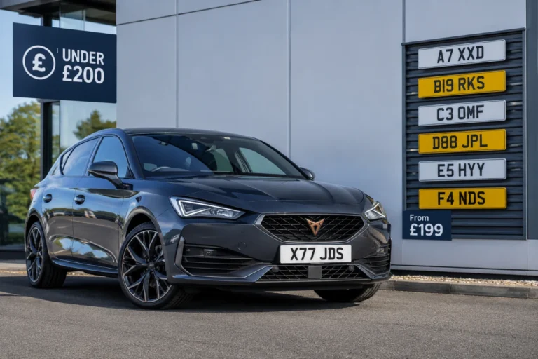 Dark hatchback with affordable UK private plates outside a modern dealership forecourt for shoppers.