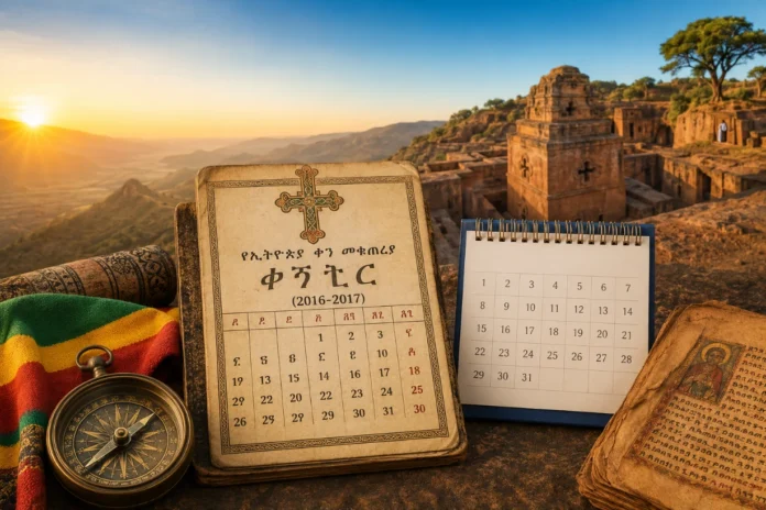 Ethiopian and Gregorian calendars beside a vintage compass, with Lalibela churches at sunrise in Ethiopia.
