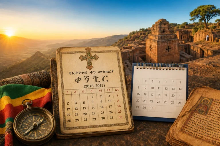 Ethiopian and Gregorian calendars beside a vintage compass, with Lalibela churches at sunrise in Ethiopia.