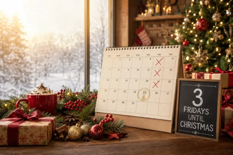 Christmas countdown calendar with marked Fridays, festive decorations, gifts, and snowy holiday backdrop.
