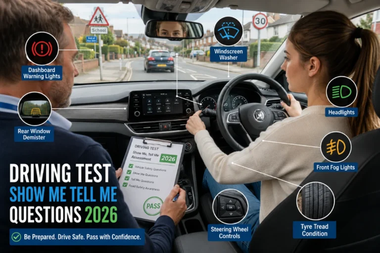 Learner driver in UK driving test car with examiner, showing vehicle controls and safety checks 2026.