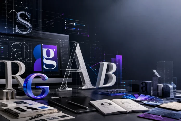 Essential Typography News And Top Font Trends This Month Modern typography workspace with floating letterforms, font design tools and futuristic editorial layout.