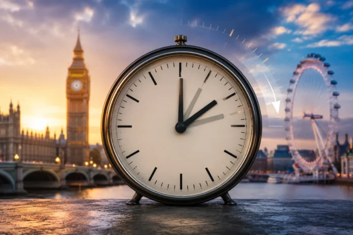 Exact Date When Do Clocks Change 2026 In The UK Analog clock in foreground symbolizing UK daylight saving time change, London skyline at sunset 2026.
