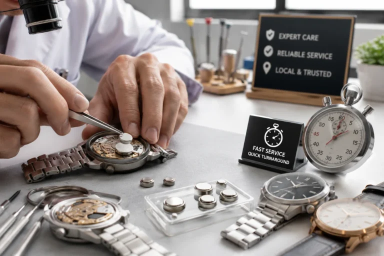 Watch technician replacing a battery in a wristwatch on a clean workbench with precision tools setting.