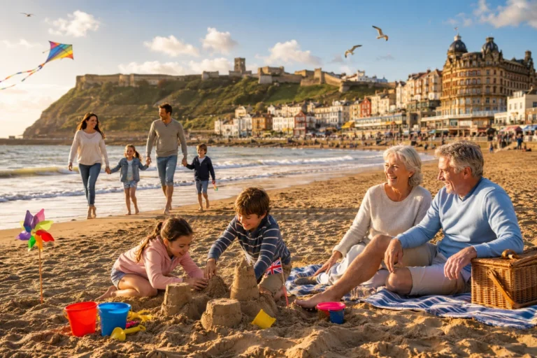 Family enjoying sunny beach day in Scarborough with sandcastle, kite, promenade and castle view scene.