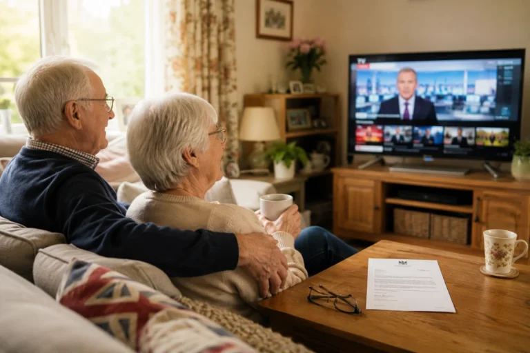 Senior British couple relaxing in living room watching TV with tea and financial comfort in UK home.