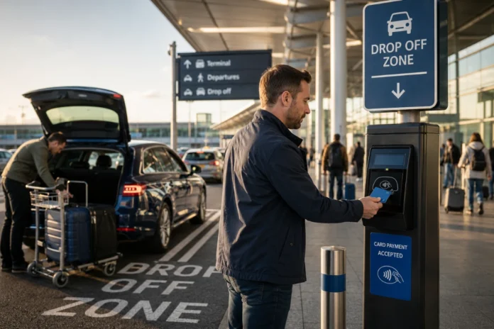 Guide To Luton Airport Drop Off Pay By Card A driver taps a card at a Luton Airport drop-off payment terminal beside a car and luggage. scene .