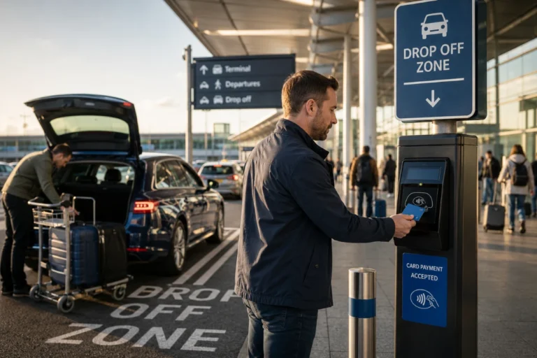 A driver taps a card at a Luton Airport drop-off payment terminal beside a car and luggage. scene .
