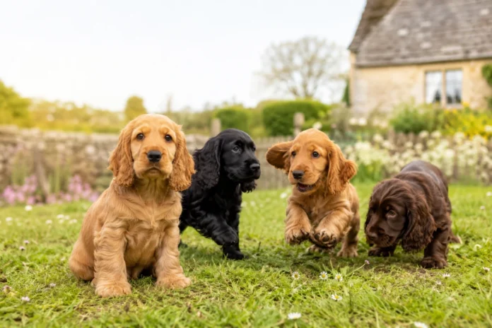Healthy Cocker Spaniel Puppies For Sale UK Healthy Cocker Spaniel puppies playing in a sunny British countryside garden in spring at daybreak.