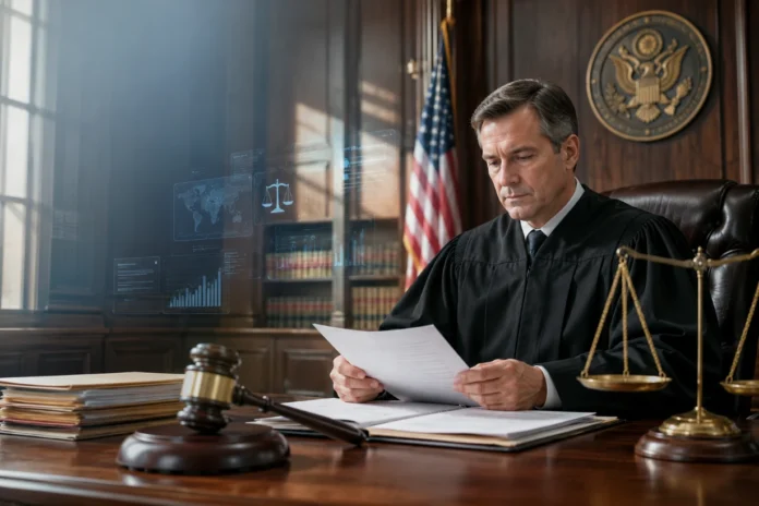 Judge Michael Wojcik Latest Court Decisions and Updates Judge reviewing court documents at a courtroom bench with gavel, justice scales, and legal updates.
