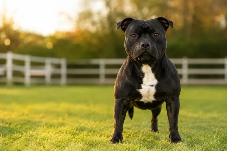 Staffordshire Bull Terrier standing on green lawn in soft sunlight, professional pet portrait.