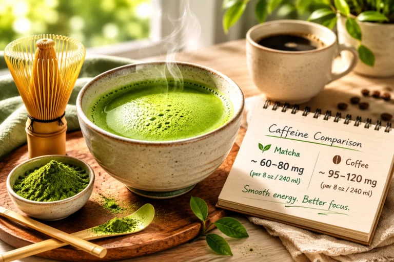 Matcha tea with bamboo whisk, powder bowl, and coffee comparison note in a sunlit kitchen setting.