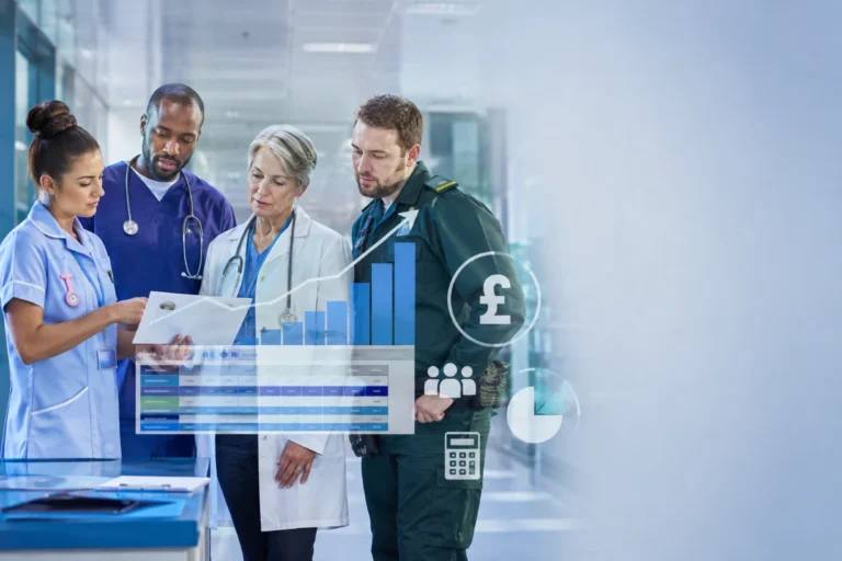NHS healthcare staff review pay scale data and salary progression charts in a modern hospital setting.