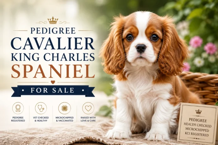 Pedigree Cavalier King Charles Spaniel For Sale Elegant Cavalier King Charles Spaniel puppy sitting on cream blanket in bright cozy home interiorpet.