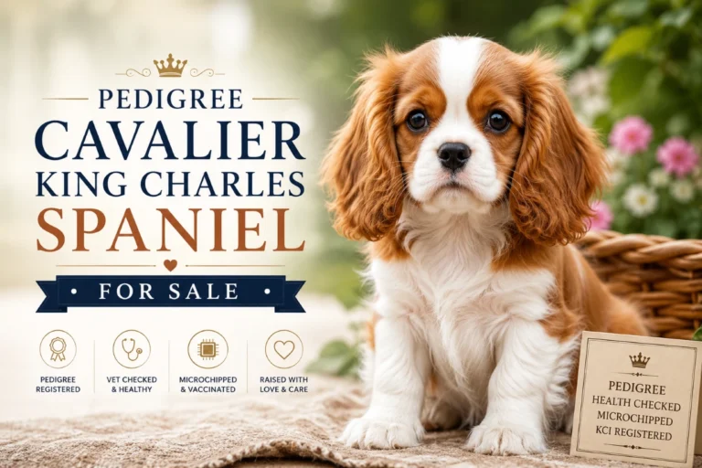 Elegant Cavalier King Charles Spaniel puppy sitting on cream blanket in bright cozy home interiorpet.