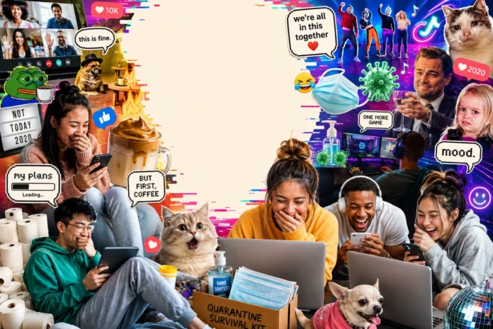 Relive The Viral 2020 Memes That Got Us Through Nostalgic collage of 2020 lockdown memes, people laughing online with viral internet culture elements.