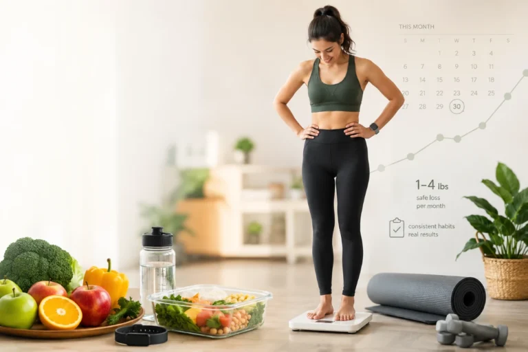 Person standing on bathroom scale with healthy foods and fitness items showing gradual weight losses