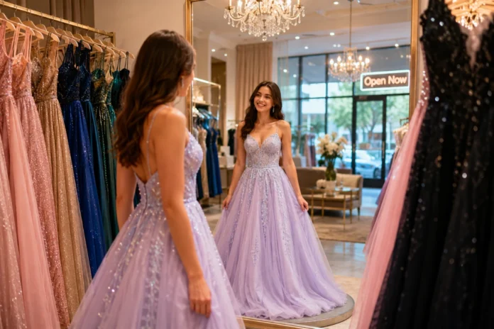 The Best Prom Dress Shops Near Me Open Now Teen browsing elegant prom dresses in a stylish boutique with mirror, chandeliers, and warm lighting.
