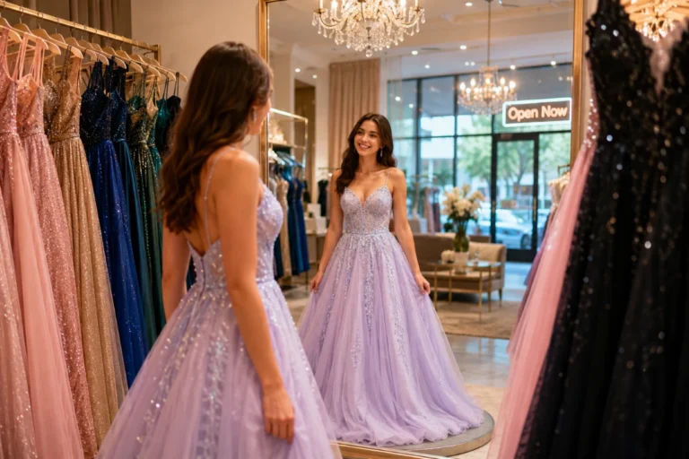 Teen browsing elegant prom dresses in a stylish boutique with mirror, chandeliers, and warm lighting.