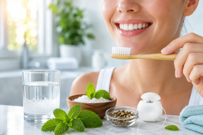 Smiling adult showing healthy gums and teeth with toothbrush and natural oral care items nearby.