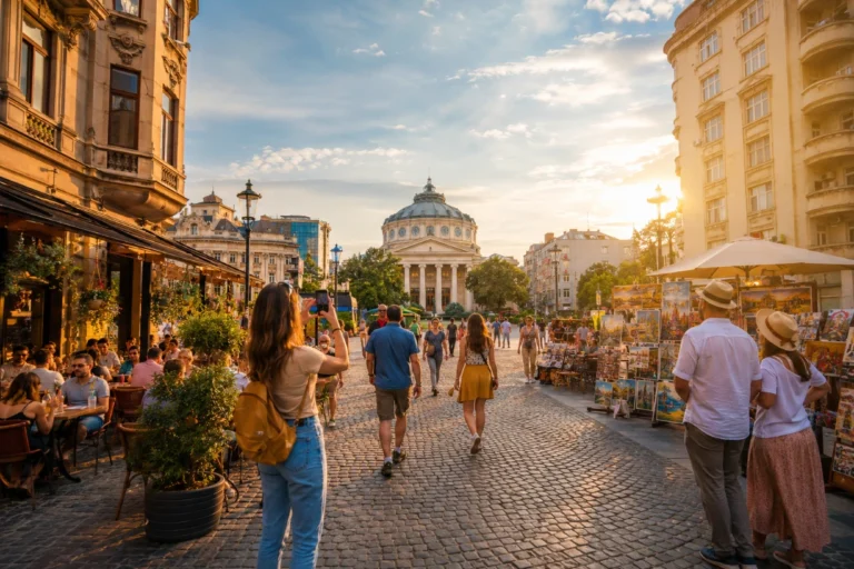 Bucharest Old Town at golden hour with cafés, markets, and tourists enjoying affordable city sights.