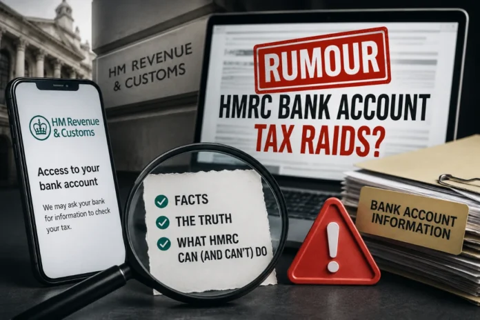 Truth About HMRC Bank Account Tax Raids Rumours HMRC bank account tax raid rumours examined with documents, warning symbol, magnifying glass and financial records.