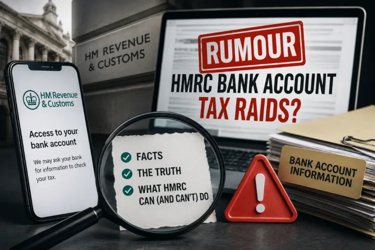 HMRC bank account tax raid rumours examined with documents, warning symbol, magnifying glass and financial records.