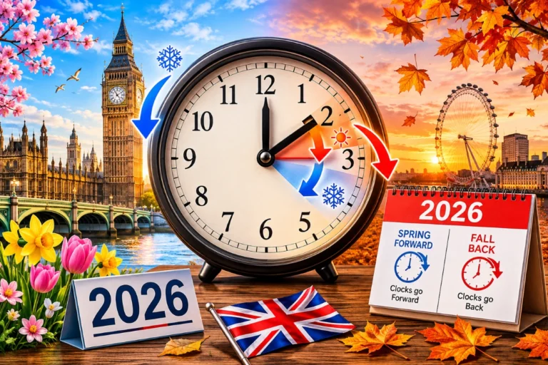 Large clock with UK landmarks, spring and autumn scenes, highlighting 2026 clock changes in UK.