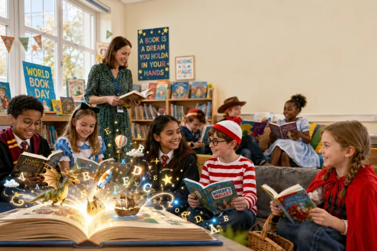 Children in book character costumes enjoy World Book Day reading activities in a bright UK classroom.