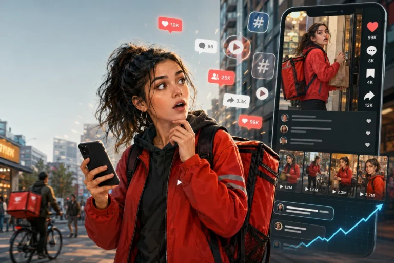 Young delivery worker reacts to viral social media fame on a busy city street with phone alerts now.