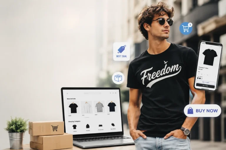 Young adult wearing a Freedom graphic T-shirt with online shopping elements in a modern urban setting.