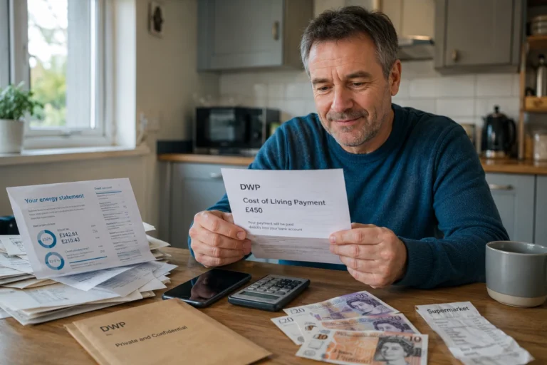 Middle-aged man in UK kitchen reading DWP £450 cost of living payment letter with bills and cash UK.