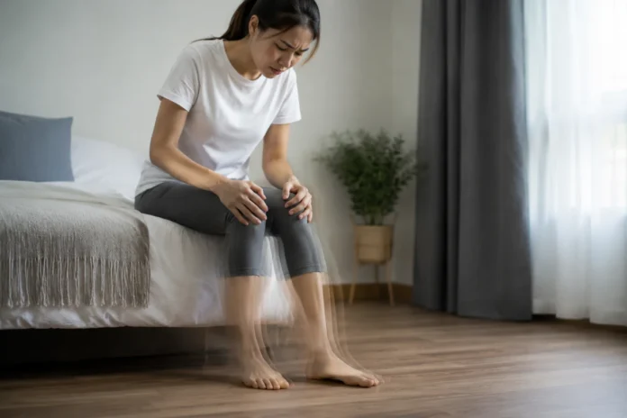 Why Do My Legs Feel Weak And Shaky All Of A Sudden Young adult sitting on bed holding knees, showing sudden leg weakness in soft natural lighting calmly.