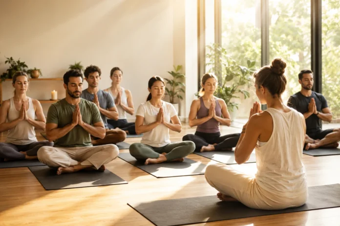 Why Do Yoga Classes End With Namaste Every Time Yoga class ends with Namaste as participants sit peacefully in meditation bathed in warm sunlight.