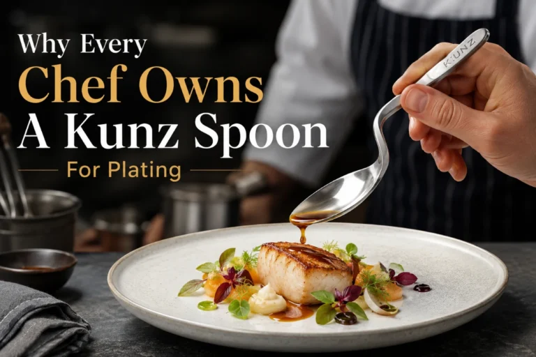 Chef using a Kunz spoon to plate a gourmet dish in a professional kitchen with precision and elegance.