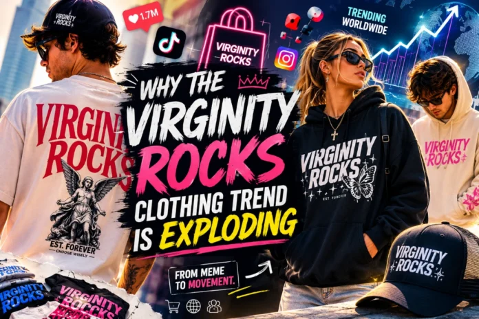 Why The Virginity Rocks Clothing Trend Is Exploding Streetwear collage showing Virginity Rocks clothing trend with bold typography and young models in.