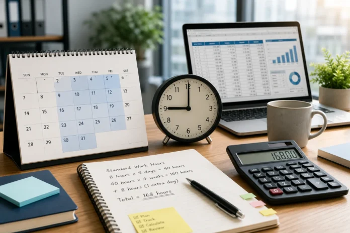 Work Guide How Many Hours In A Month Exactly Modern office desk with calendar, clock, calculator and laptop showing work hours planning scene. 9h
